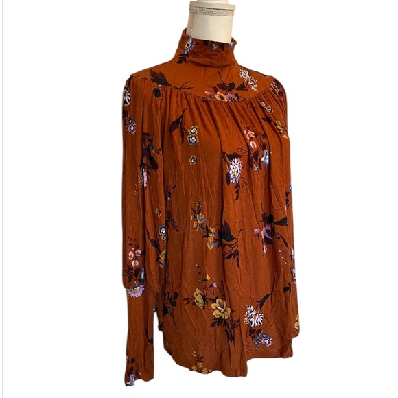 Ann Taylor Rust Floral Stretchy Turtleneck Puff Sleeve Women’s Small Blouse - Picture 3 of 13